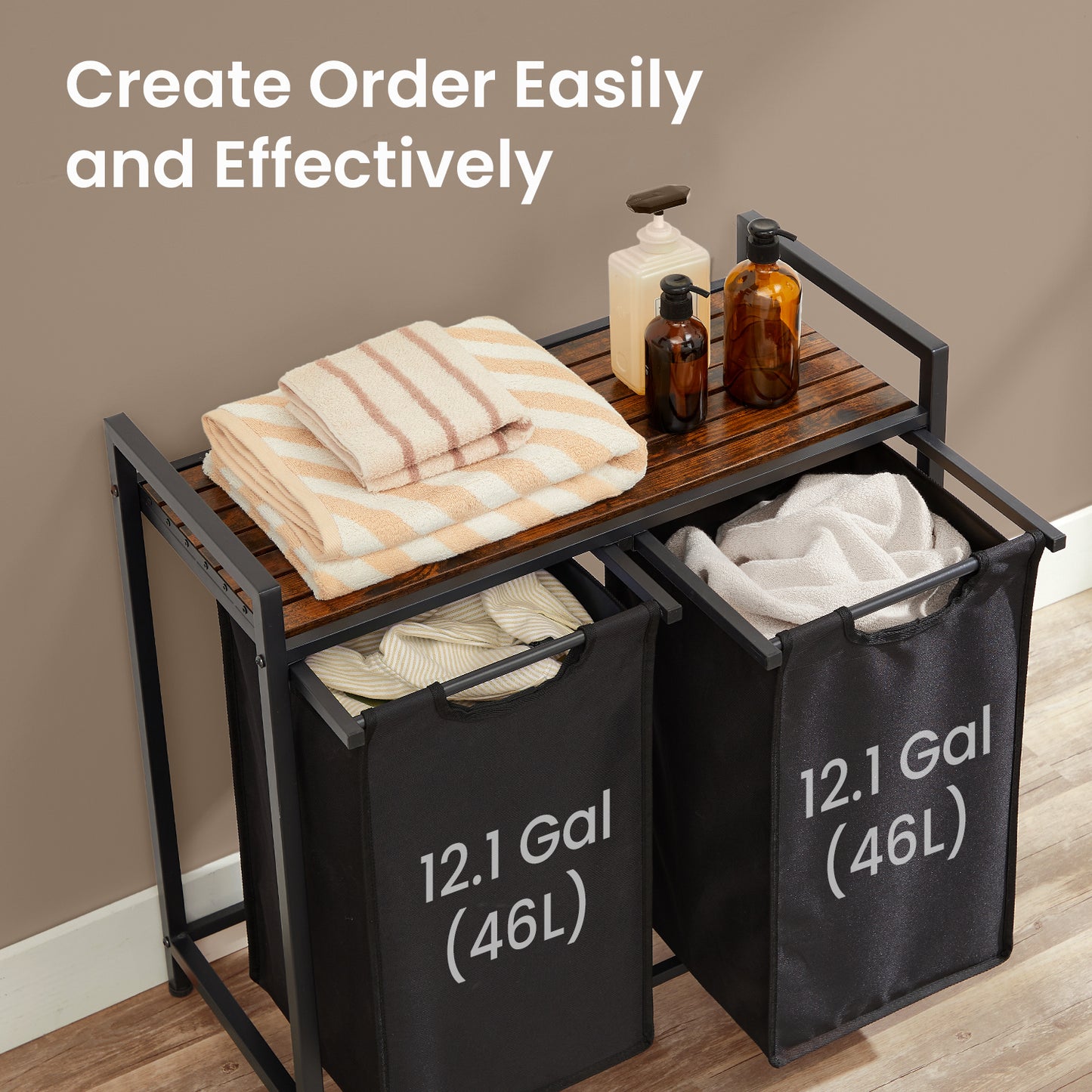 2-Compartment Laundry Hamper with Shelf, 24.2 Gallon (92L) Foldable Clothes Sorter, Removable Oxford Fabric Liners, Steel Frame & MDF Panel, Light，Dark Laundry Separation, Black