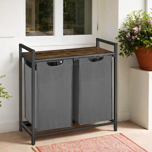 Laundry Sorter Hamper with 2 Pull-Out Bags, Detergent Shelf, Sturdy Metal Frame & Adjustable Feet, 24.2 Gallons Capacity, 2-Compartment for Clothes Organization, Rustic Brown，Gray