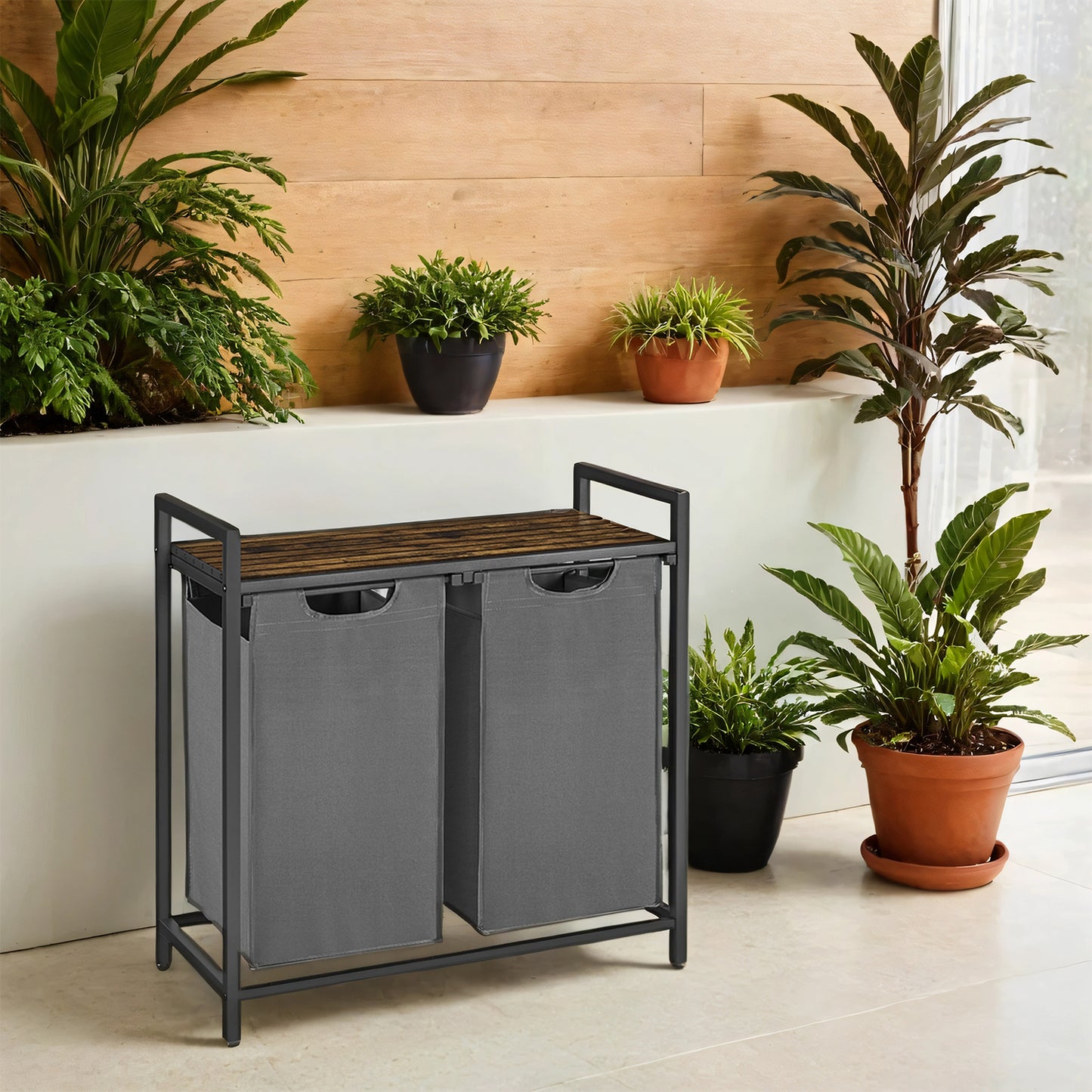 Laundry Sorter Hamper with 2 Pull-Out Bags, Detergent Shelf, Sturdy Metal Frame & Adjustable Feet, 24.2 Gallons Capacity, 2-Compartment for Clothes Organization, Rustic Brown，Gray