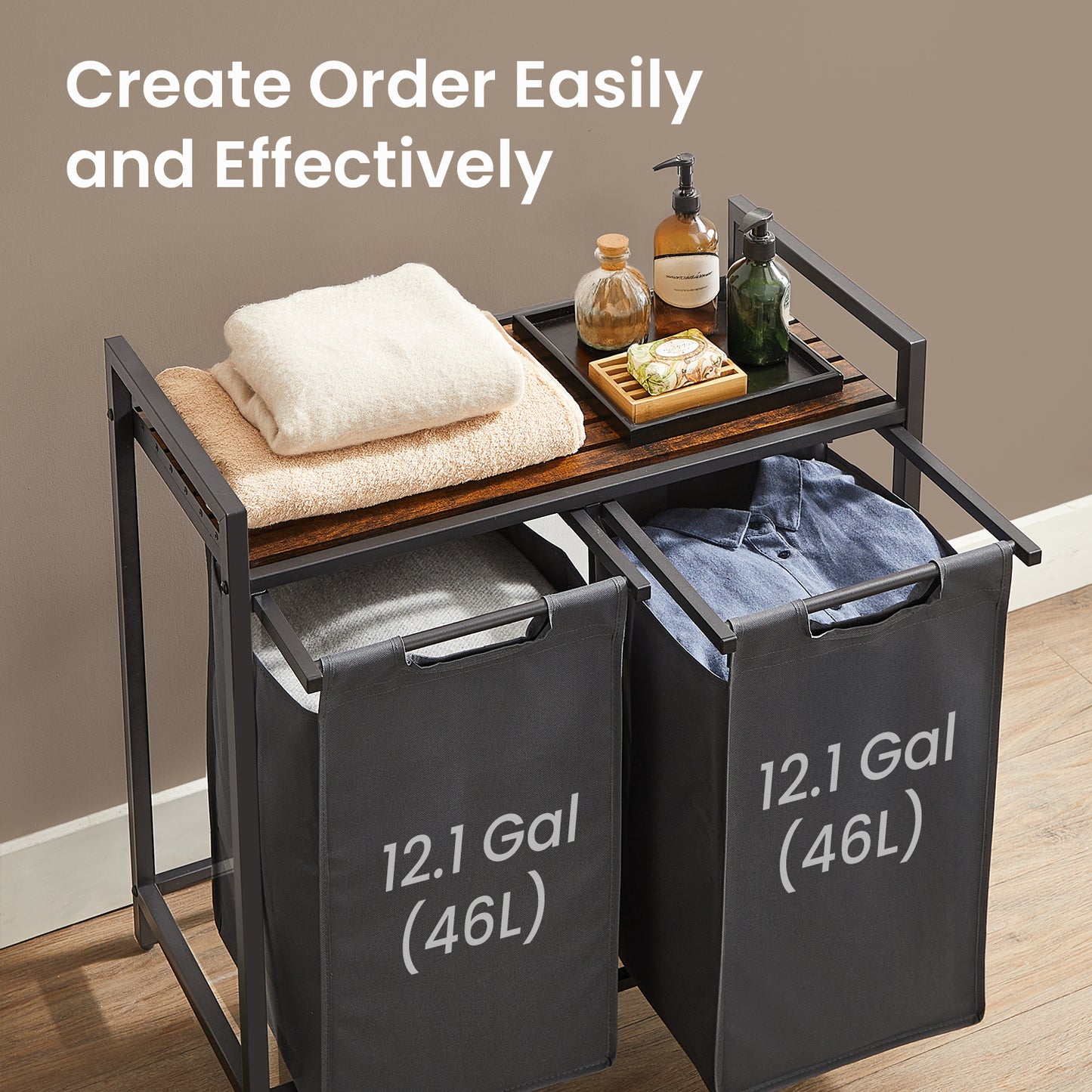 Laundry Sorter Hamper with 2 Pull-Out Bags, Detergent Shelf, Sturdy Metal Frame & Adjustable Feet, 24.2 Gallons Capacity, 2-Compartment for Clothes Organization, Rustic Brown，Gray