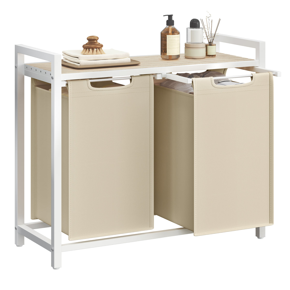 Laundry Hamper with 2 Pull-Out Removable Bags, Sorting Basket, Shelf with Metal Frame, 12.1 Gal Each, for Bathroom Bedroom, Cappuccino Beige and Natural Beige