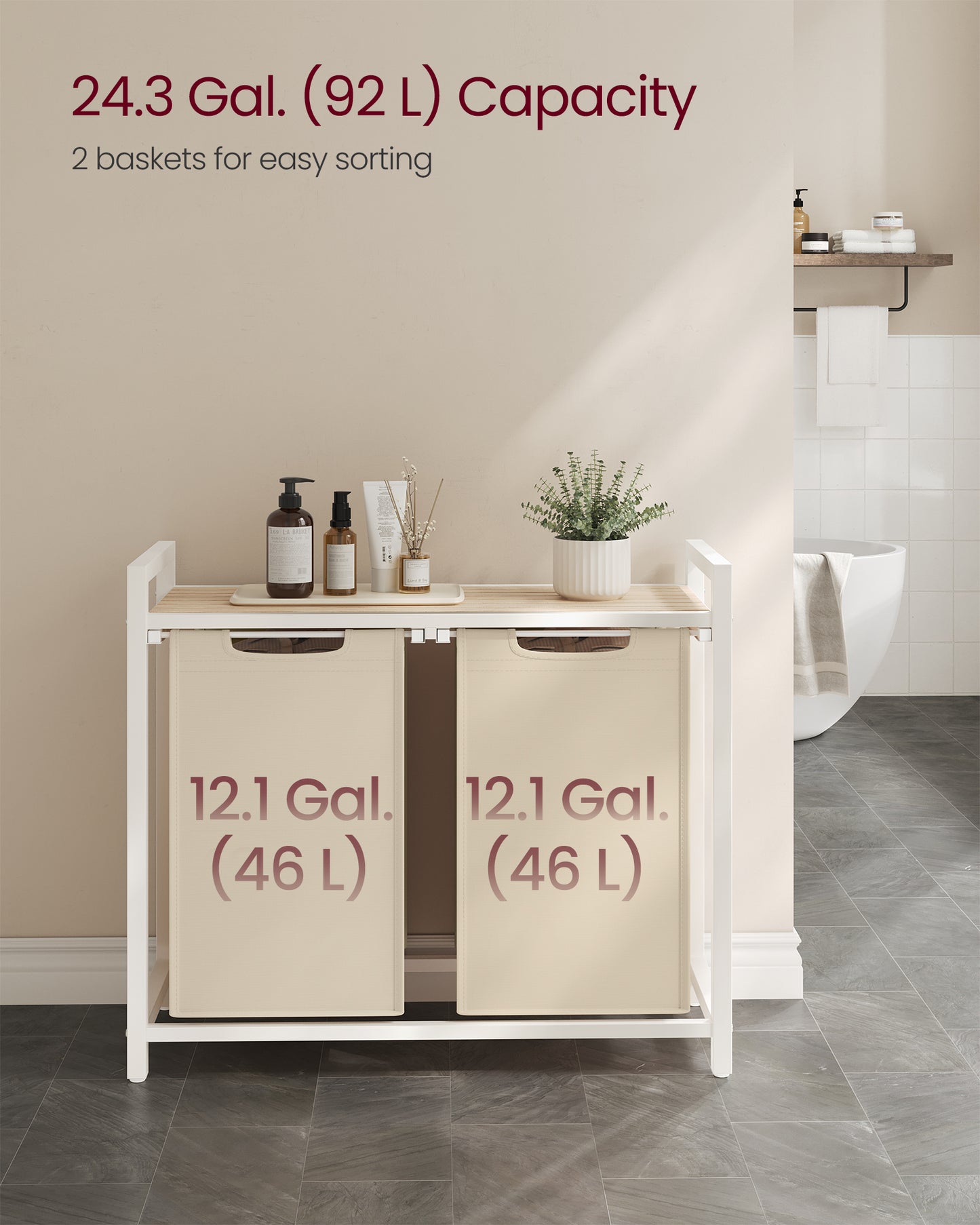 Laundry Hamper with 2 Pull-Out Removable Bags, Sorting Basket, Shelf with Metal Frame, 12.1 Gal Each, for Bathroom Bedroom, Cappuccino Beige and Natural Beige