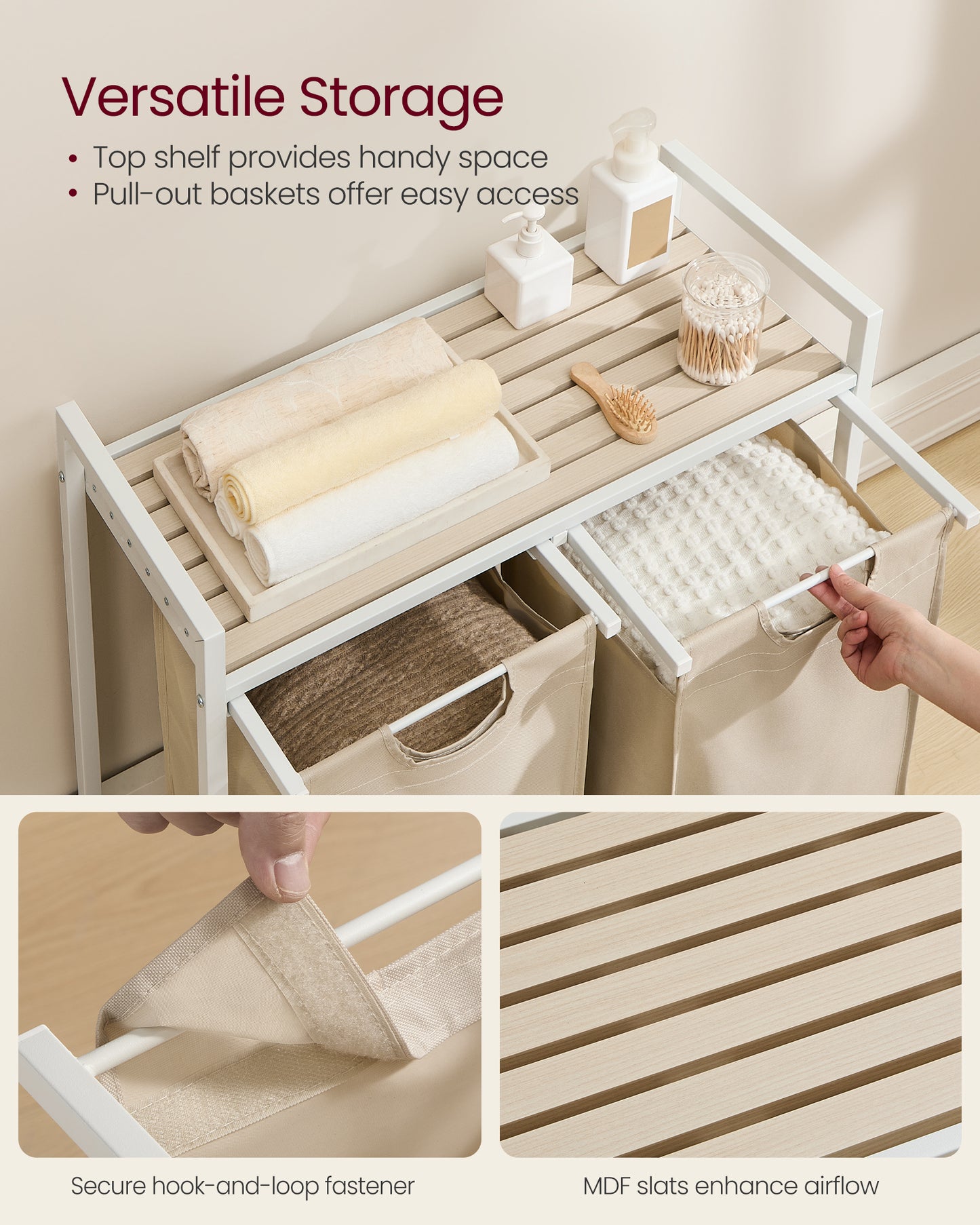 Laundry Hamper with 2 Pull-Out Removable Bags, Sorting Basket, Shelf with Metal Frame, 12.1 Gal Each, for Bathroom Bedroom, Cappuccino Beige and Natural Beige