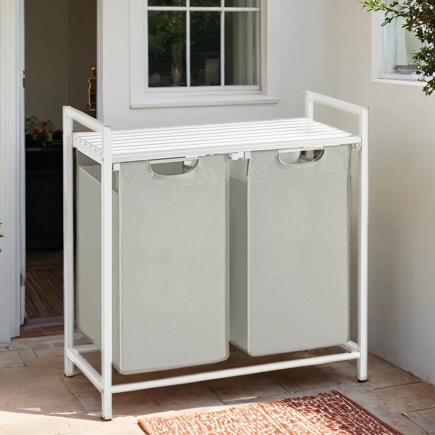 Laundry Sorter with 2 Removable Bags & Storage Shelf, Heavy-Duty Metal Frame, 24.2 Gallons (92L) Capacity, 2-Compartment Organization, White