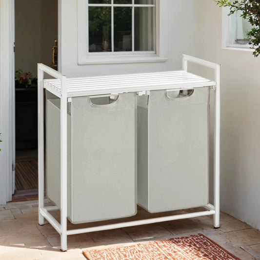 Laundry Sorter with 2 Removable Bags & Storage Shelf, Heavy-Duty Metal Frame, 24.2 Gallons (92L) Capacity, 2-Compartment Organization, White
