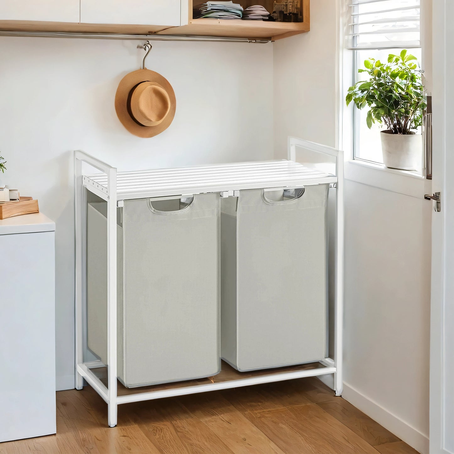 Laundry Sorter with 2 Removable Bags & Storage Shelf, Heavy-Duty Metal Frame, 24.2 Gallons (92L) Capacity, 2-Compartment Organization, White