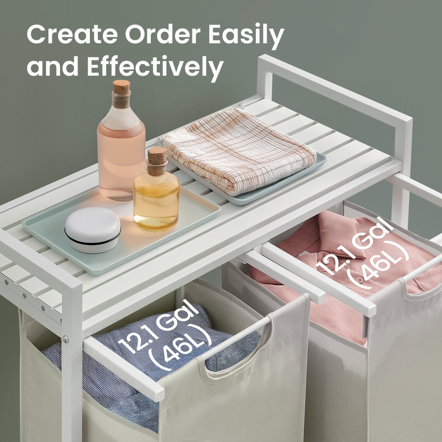 Laundry Sorter with 2 Removable Bags & Storage Shelf, Heavy-Duty Metal Frame, 24.2 Gallons (92L) Capacity, 2-Compartment Organization, White