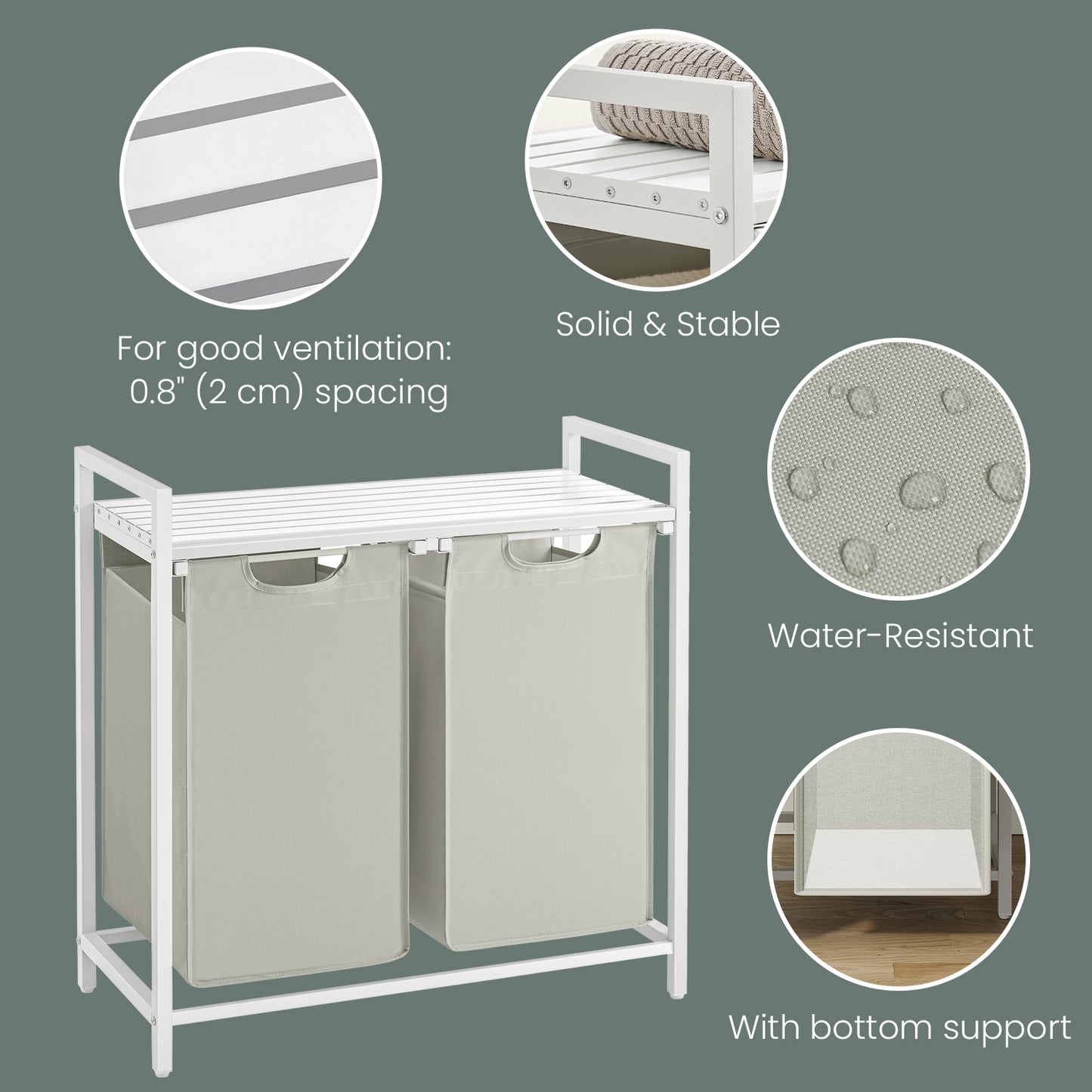 Laundry Sorter with 2 Removable Bags & Storage Shelf, Heavy-Duty Metal Frame, 24.2 Gallons (92L) Capacity, 2-Compartment Organization, White