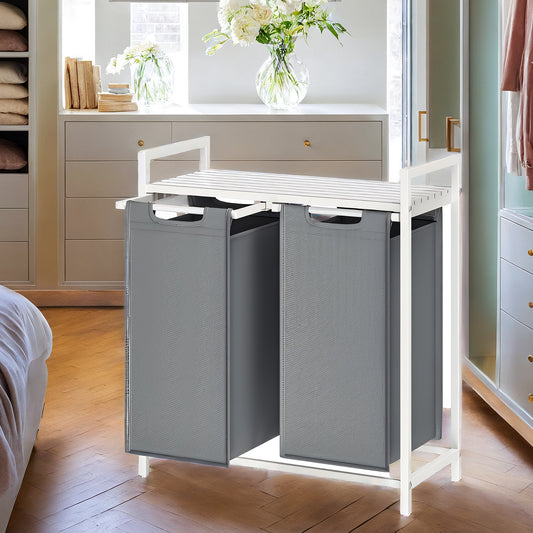 2-Compartment Laundry Hamper & Sorter with Removable Bags, Foldable Shelf, 24.2 Gal (92L) Capacity, Sturdy Metal Frame, for Home，Laundry Room, White & Gray
