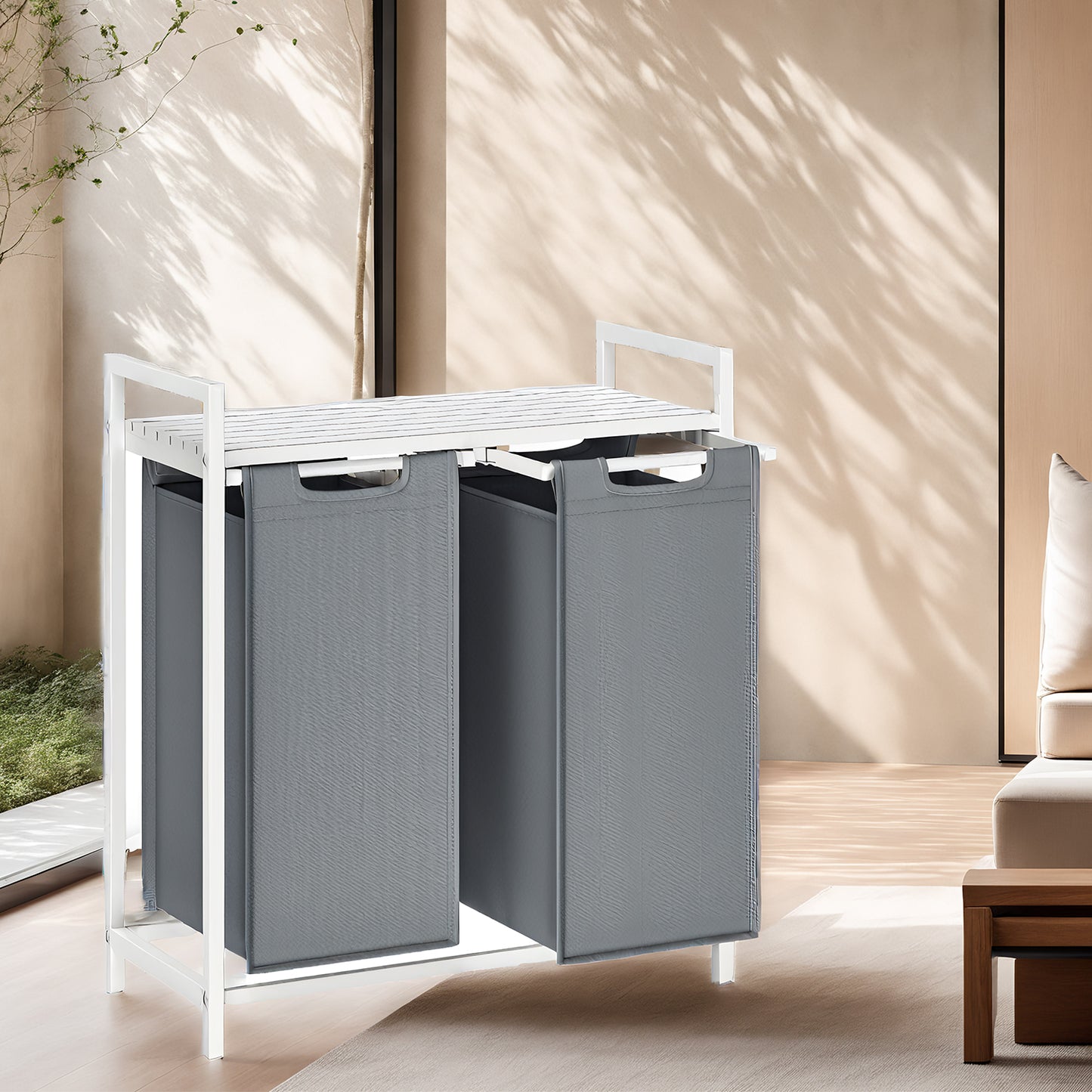 2-Compartment Laundry Hamper & Sorter with Removable Bags, Foldable Shelf, 24.2 Gal (92L) Capacity, Sturdy Metal Frame, for Home，Laundry Room, White & Gray