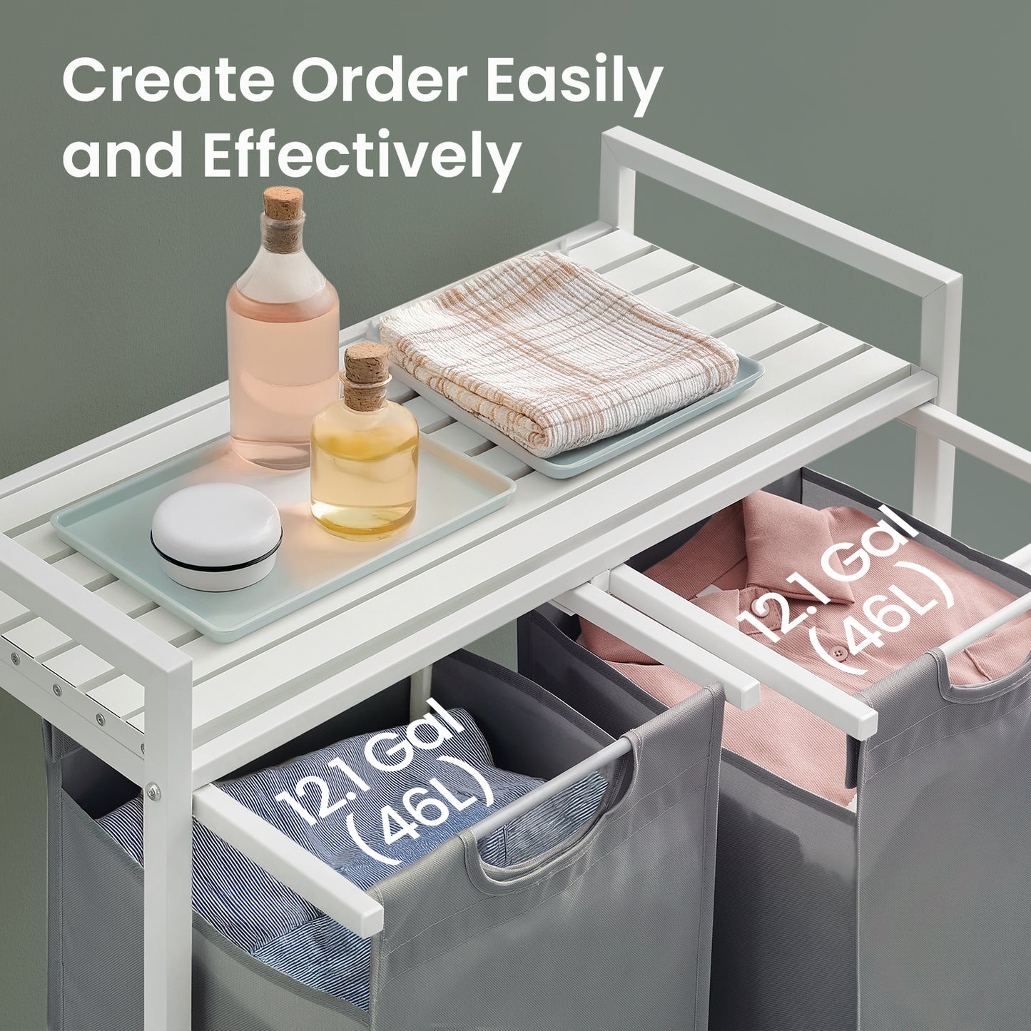 2-Compartment Laundry Hamper & Sorter with Removable Bags, Foldable Shelf, 24.2 Gal (92L) Capacity, Sturdy Metal Frame, for Home，Laundry Room, White & Gray