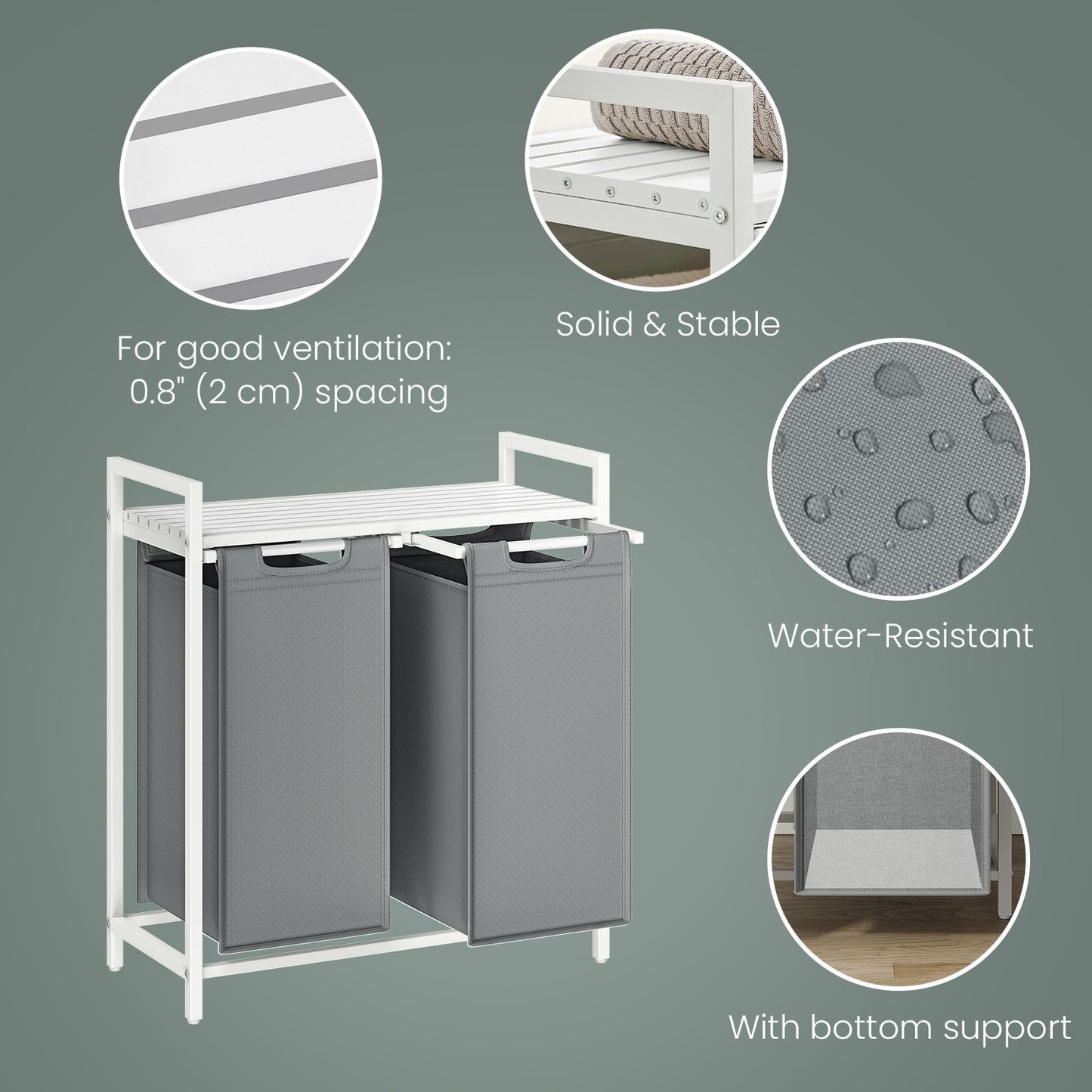 2-Compartment Laundry Hamper & Sorter with Removable Bags, Foldable Shelf, 24.2 Gal (92L) Capacity, Sturdy Metal Frame, for Home，Laundry Room, White & Gray