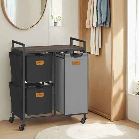 3-Compartment Rolling Laundry Sorter, 26.4 Gallon Capacity with Shelves & Labels, Mobile Storage Cart, Chestnut Brown, Ink Black and Dove Gray
