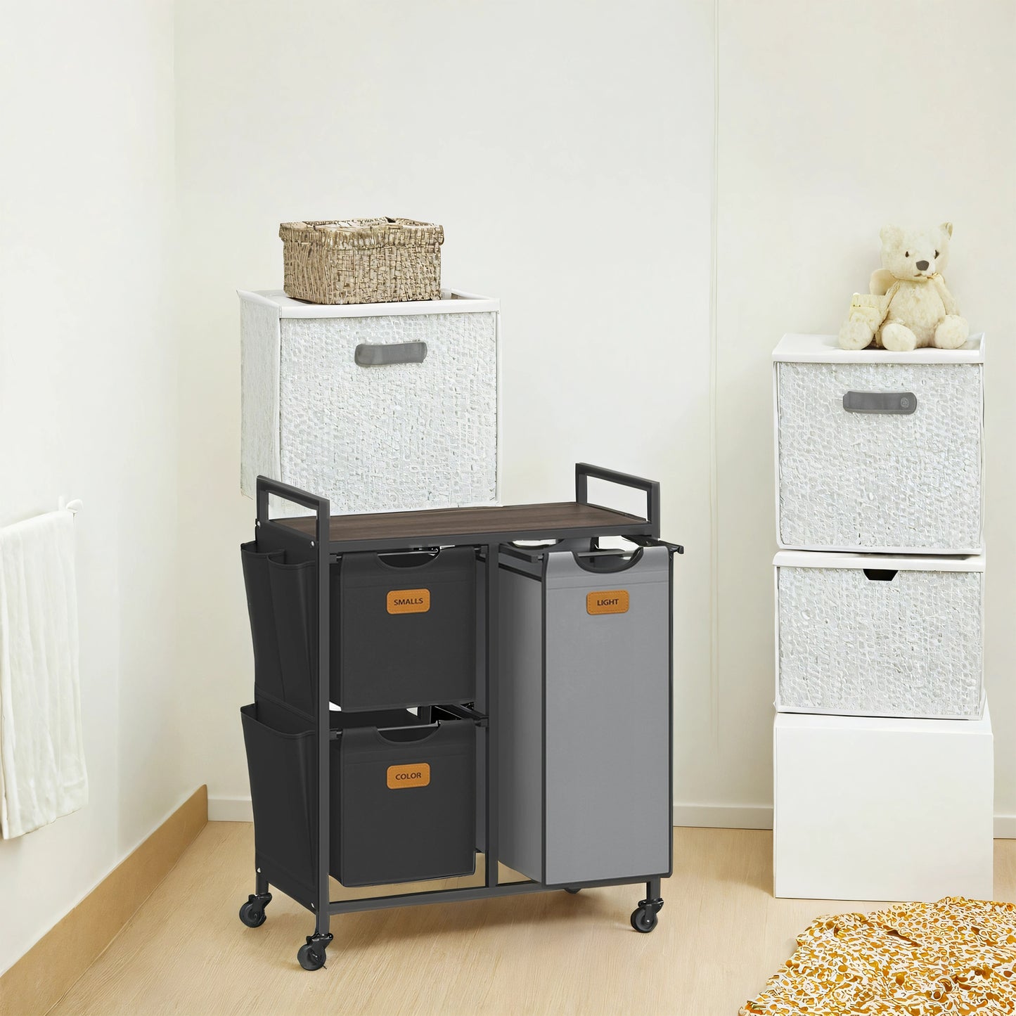 3-Compartment Rolling Laundry Sorter, 26.4 Gallon Capacity with Shelves & Labels, Mobile Storage Cart, Chestnut Brown, Ink Black and Dove Gray