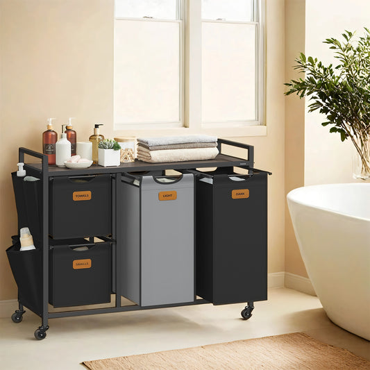 4-Bin Rolling Laundry Sorter, 39.6 Gallon Capacity with Shelves & Labels, Mobile Storage Cart, Chestnut Brown, Ink Black and Dove Gray