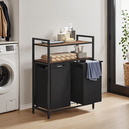 2-Compartment Laundry Sorter with Removable Bins & Shelves, 24.2 Gallon Capacity, Steel Frame, for Home Use, Rustic Brown and Black