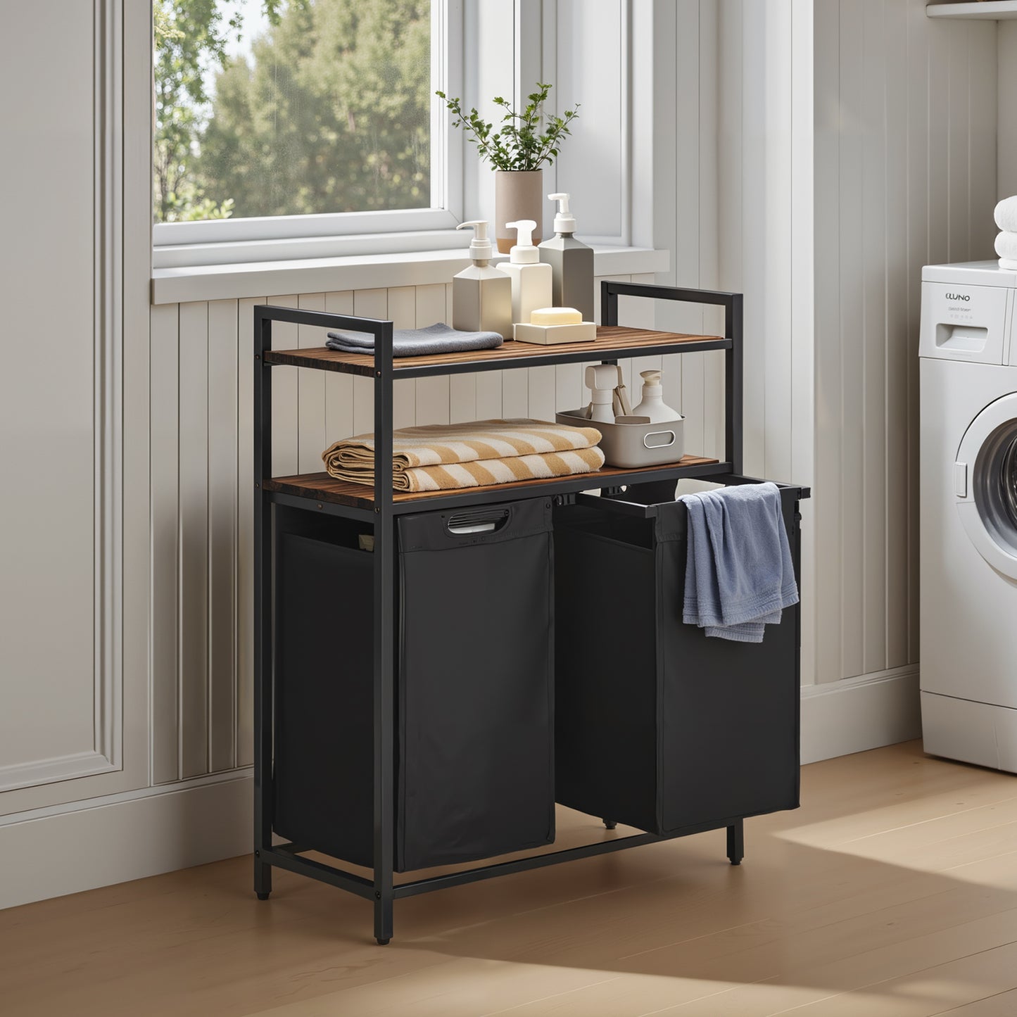 2-Compartment Laundry Sorter with Removable Bins & Shelves, 24.2 Gallon Capacity, Steel Frame, for Home Use, Rustic Brown and Black