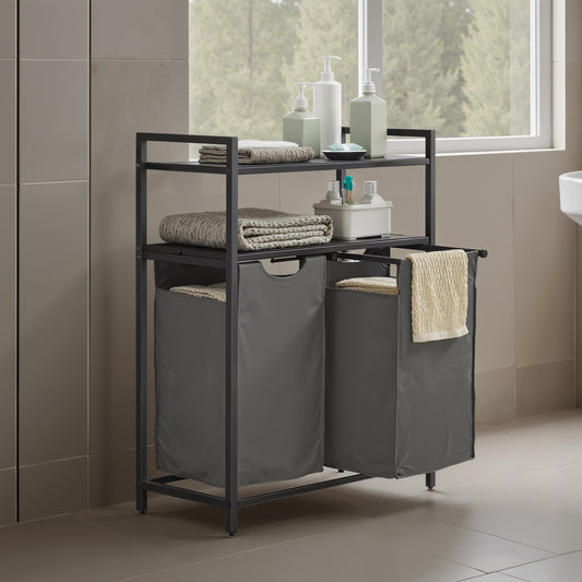 2-Bin Laundry Sorter with Shelves, 24.2 Gallon Capacity, Removable Bags & Steel Frame, for Home Organization, Black and Gray