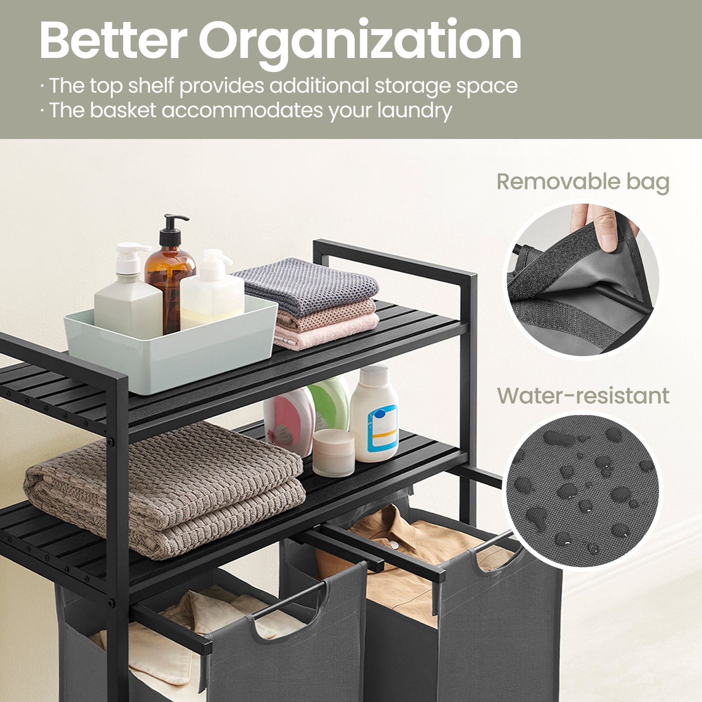 2-Bin Laundry Sorter with Shelves, 24.2 Gallon Capacity, Removable Bags & Steel Frame, for Home Organization, Black and Gray