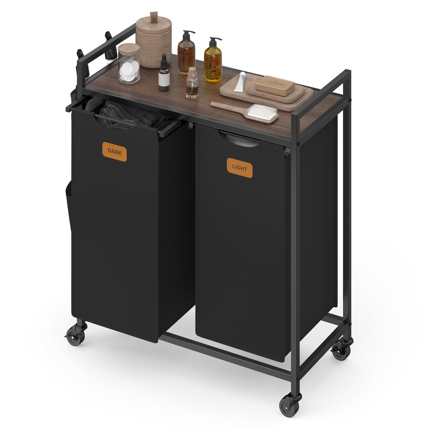 Rolling Laundry Sorter Cart, 2-Compartment Hamper with Shelves, Side Pockets, 6 Labels, 26.4 Gal Removable Bins, Ink Black and Ash Brown