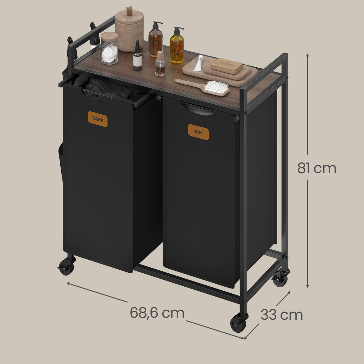 Rolling Laundry Sorter Cart, 2-Compartment Hamper with Shelves, Side Pockets, 6 Labels, 26.4 Gal Removable Bins, Ink Black and Ash Brown