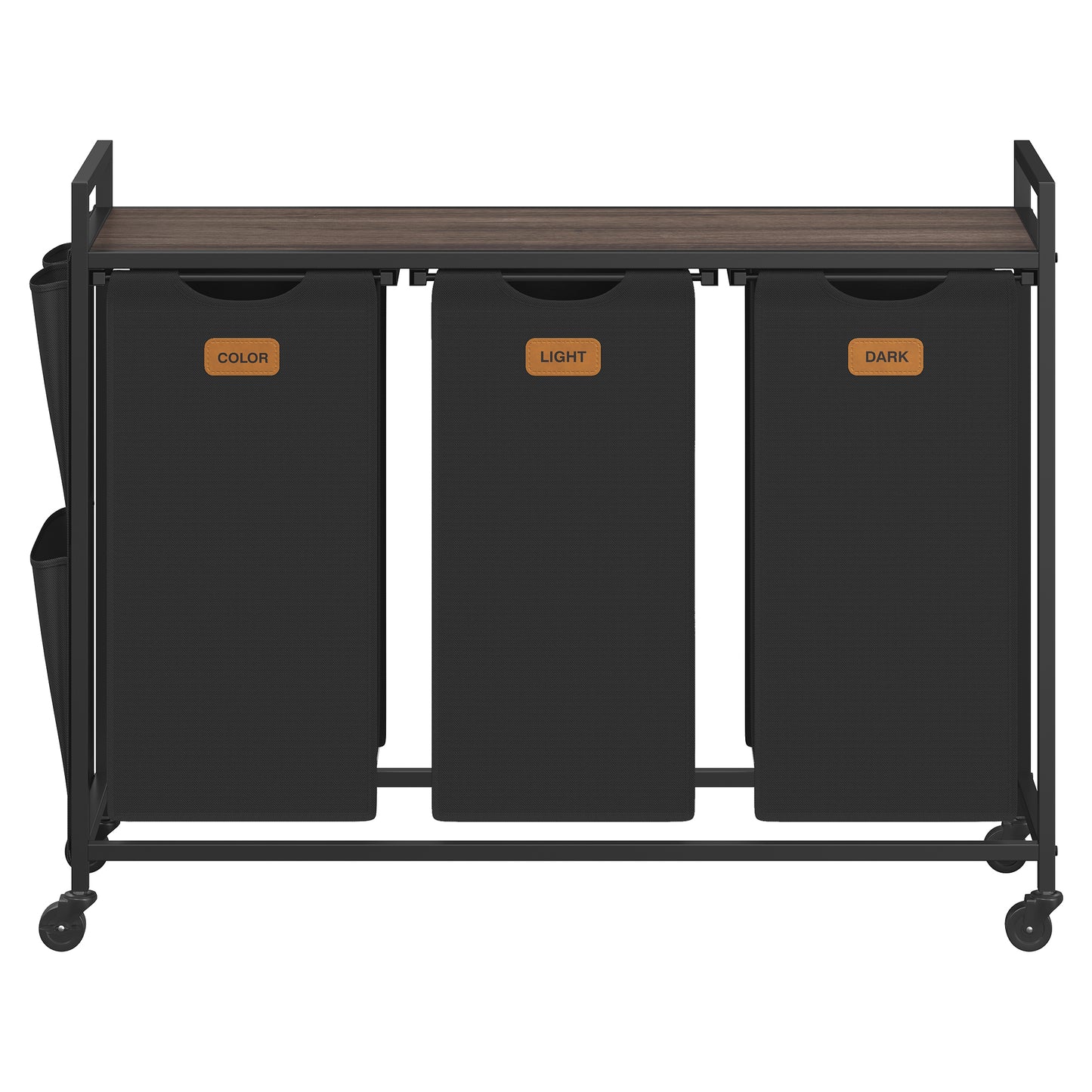 Rolling Laundry Sorter Cart, 3-Compartment Hamper with Shelves, Side Pockets, 6 Labels, 39.6 Gal Removable Bins, Ink Black and Ash Brown