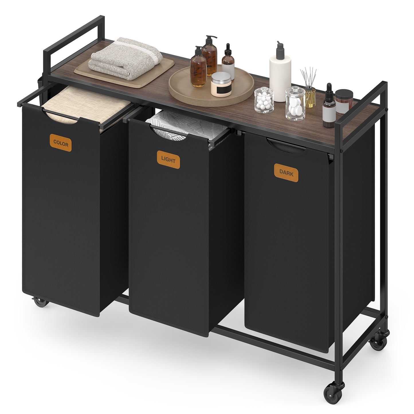 Rolling Laundry Sorter Cart, 3-Compartment Hamper with Shelves, Side Pockets, 6 Labels, 39.6 Gal Removable Bins, Ink Black and Ash Brown