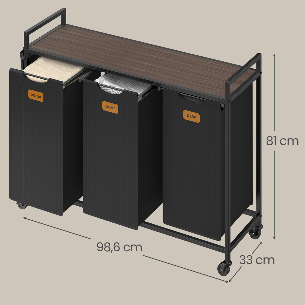 Rolling Laundry Sorter Cart, 3-Compartment Hamper with Shelves, Side Pockets, 6 Labels, 39.6 Gal Removable Bins, Ink Black and Ash Brown
