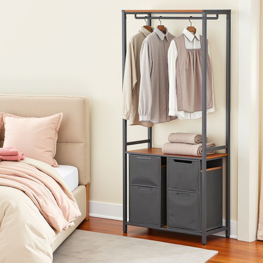 2-Section Laundry Hamper with Shelves & Hanging Rail, 24.2 Gallon Capacity, Removable Liners, Steel Frame, Rustic Brown and Black