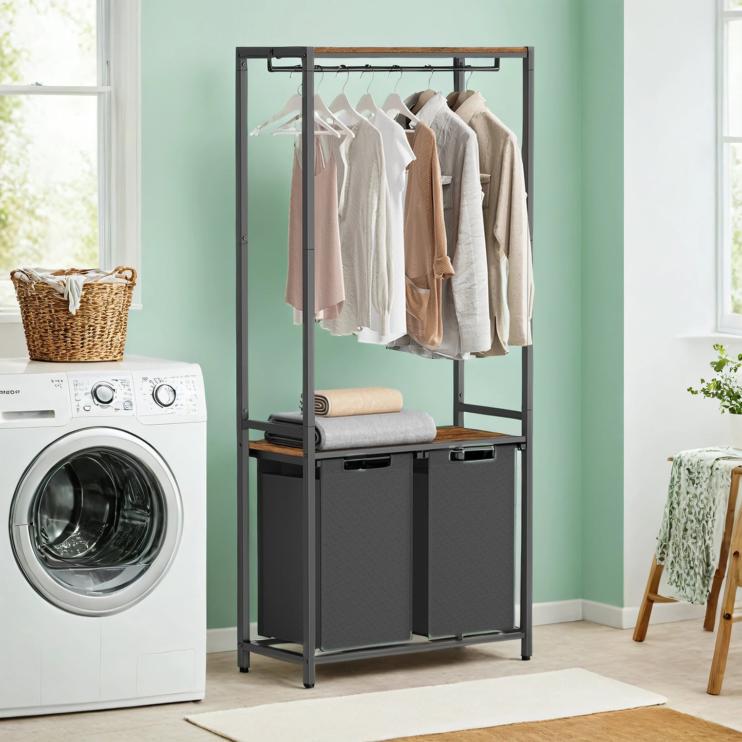2-Section Laundry Hamper with Shelves & Hanging Rail, 24.2 Gallon Capacity, Removable Liners, Steel Frame, Rustic Brown and Black