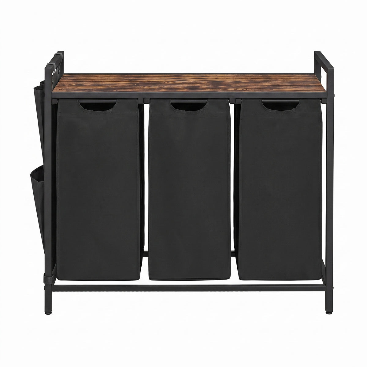 LEDREM 3-Compartment Laundry Basket with Pull-Out and Removable Liner Bags and Side Pockets, Clothes Sorter with Shelf and Metal Frame, Ink Black and Rustic Brown