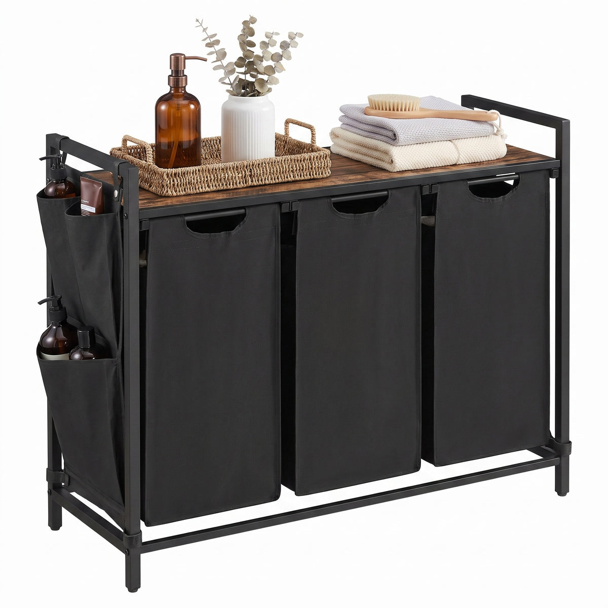 LEDREM 3-Compartment Laundry Basket with Pull-Out and Removable Liner Bags and Side Pockets, Clothes Sorter with Shelf and Metal Frame, Ink Black and Rustic Brown