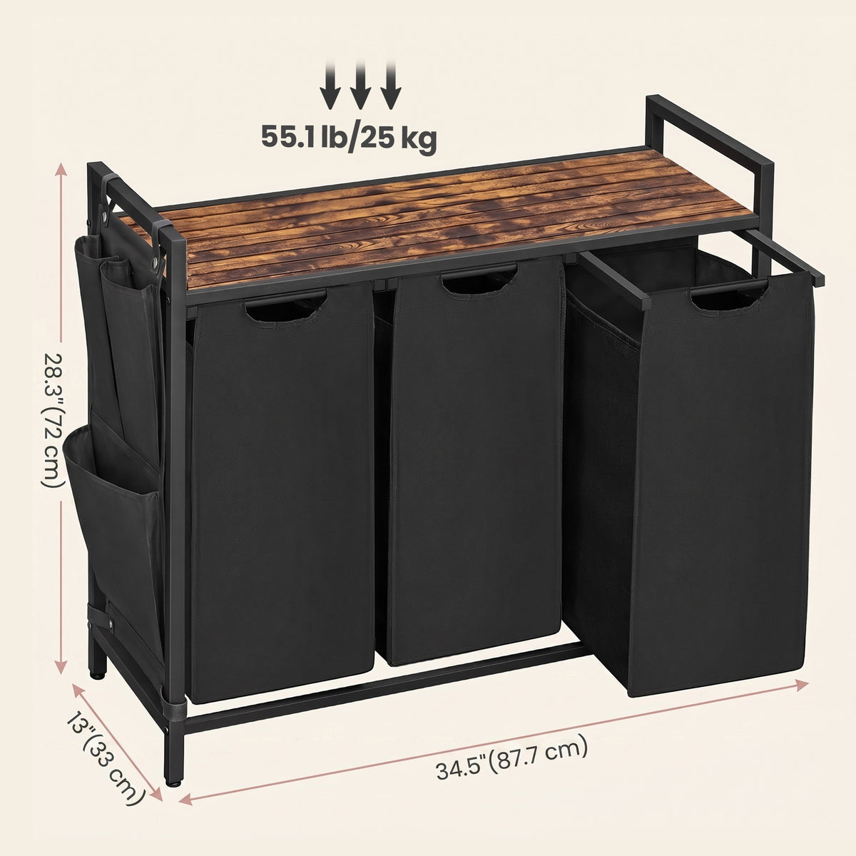 LEDREM 3-Compartment Laundry Basket with Pull-Out and Removable Liner Bags and Side Pockets, Clothes Sorter with Shelf and Metal Frame, Ink Black and Rustic Brown