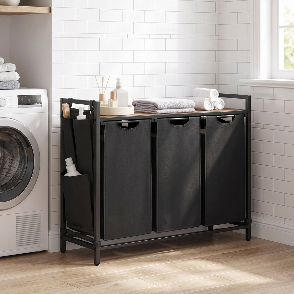 LEDREM 3-Compartment Laundry Basket with Pull-Out and Removable Liner Bags and Side Pockets, Clothes Sorter with Shelf and Metal Frame, Ink Black and Rustic Brown