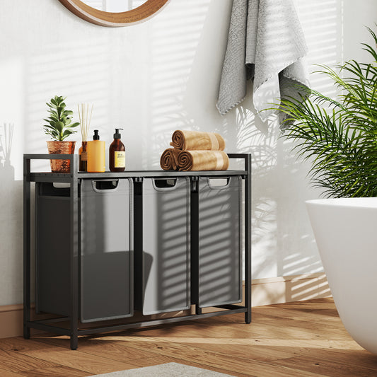 3-Compartment Laundry Sorter with Shelf & Removable Bags, 31.7 Gallon Capacity, Steel Frame, Space-Saving Design, Slate Gray and Charcoal Gray