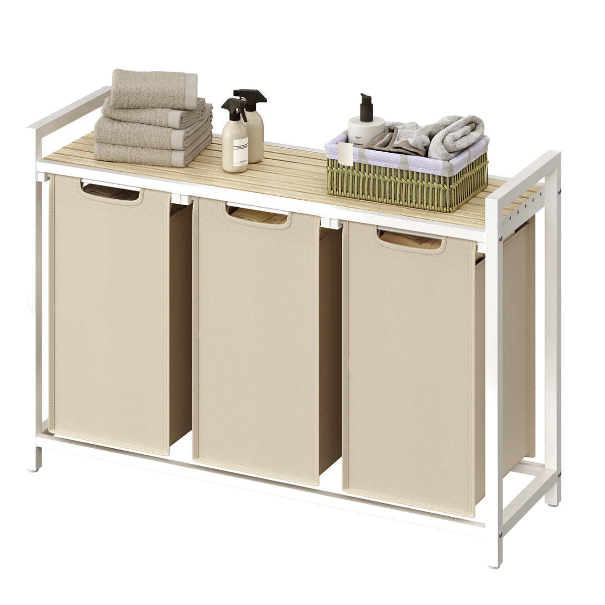 LEDREM 3-Section Clothes Sorter with Removable Liner Bags, Laundry Hamper, Metal Shelf for Bedroom, Beige