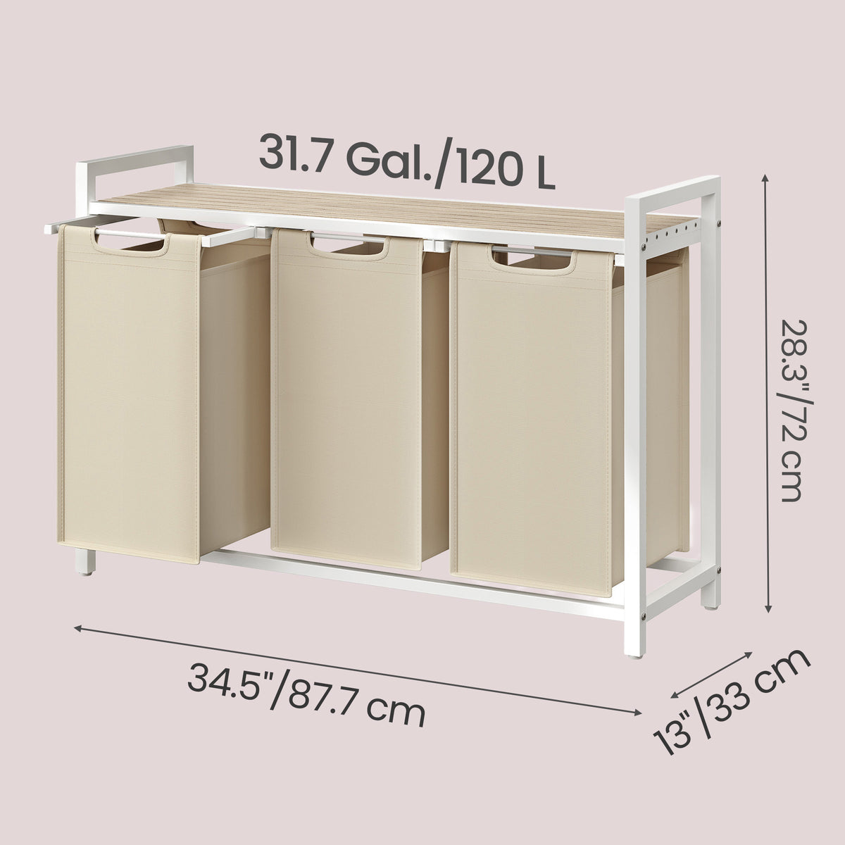 LEDREM 3-Section Clothes Sorter with Removable Liner Bags, Laundry Hamper, Metal Shelf for Bedroom, Beige