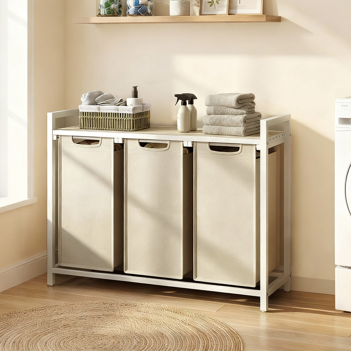LEDREM 3-Section Clothes Sorter with Removable Liner Bags, Laundry Hamper, Metal Shelf for Bedroom, Beige