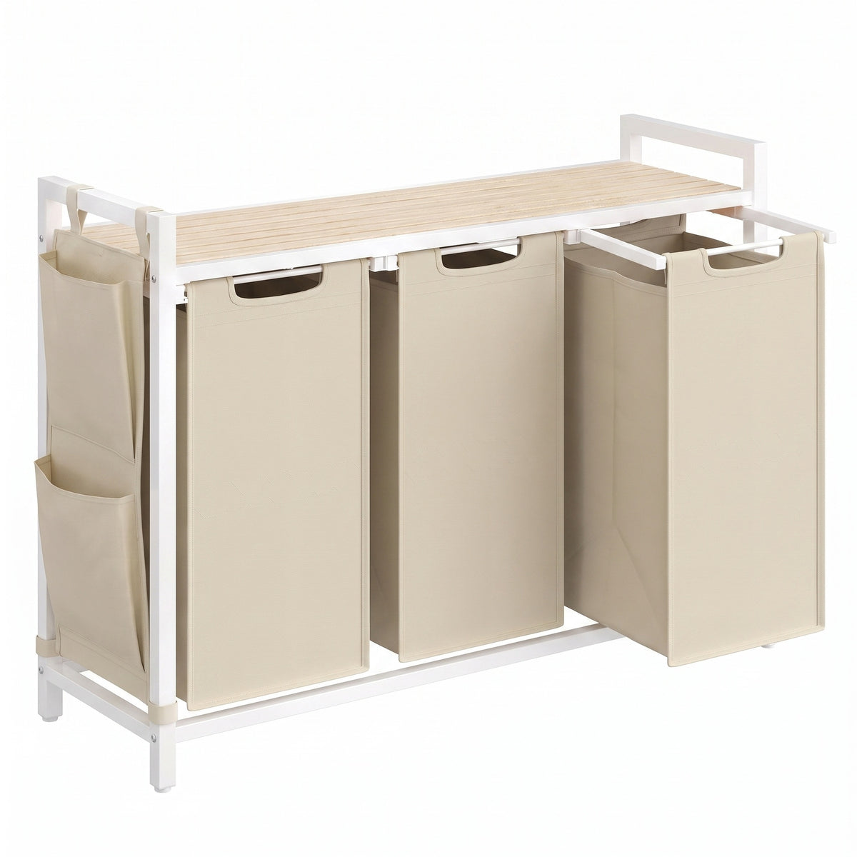 LEDREM 3-Compartment Laundry Basket with Pull-Out and Removable Liner Bags, Clothes Sorter with Shelf, Side Pocket and Metal Frame, Cappuccino Beige and Natural Beige
