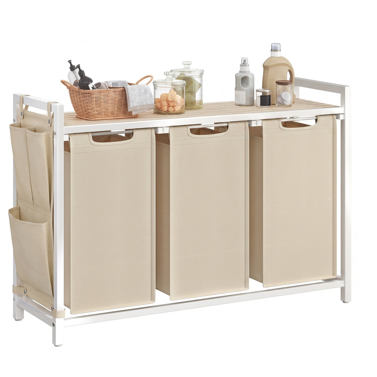 LEDREM 3-Compartment Laundry Basket with Pull-Out and Removable Liner Bags, Clothes Sorter with Shelf, Side Pocket and Metal Frame, Cappuccino Beige and Natural Beige