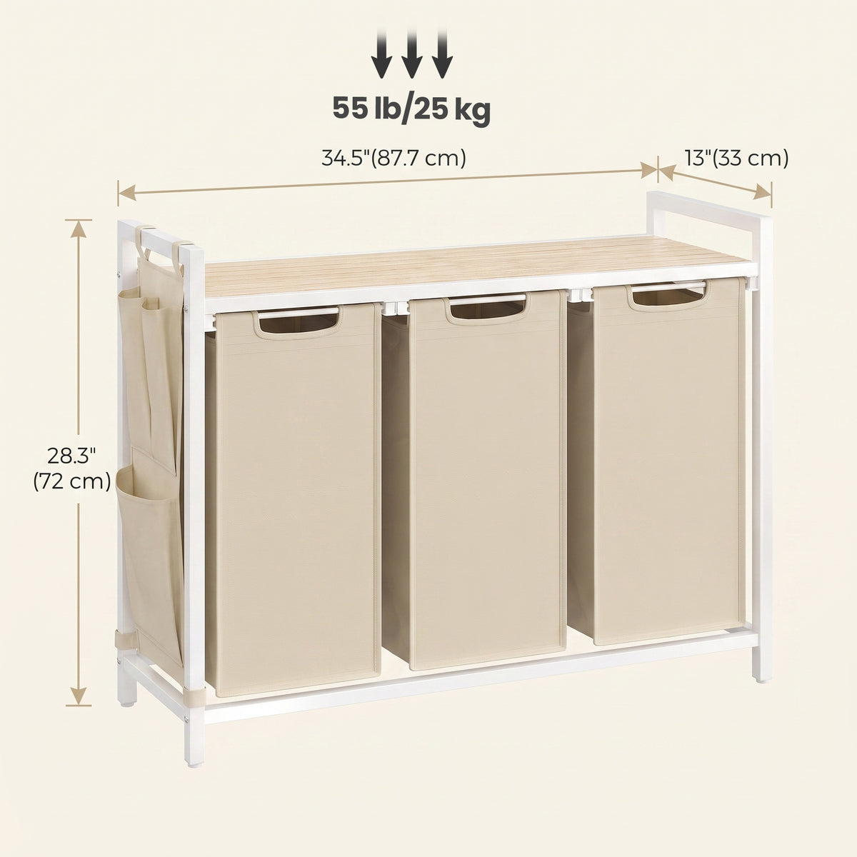LEDREM 3-Compartment Laundry Basket with Pull-Out and Removable Liner Bags, Clothes Sorter with Shelf, Side Pocket and Metal Frame, Cappuccino Beige and Natural Beige