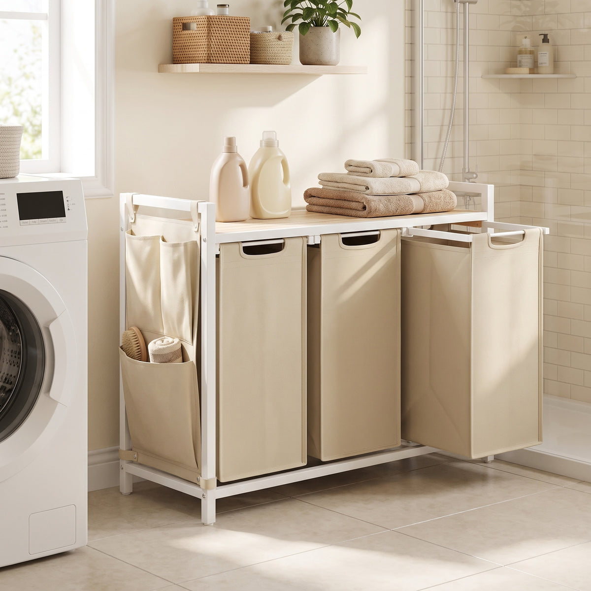 LEDREM 3-Compartment Laundry Basket with Pull-Out and Removable Liner Bags, Clothes Sorter with Shelf, Side Pocket and Metal Frame, Cappuccino Beige and Natural Beige