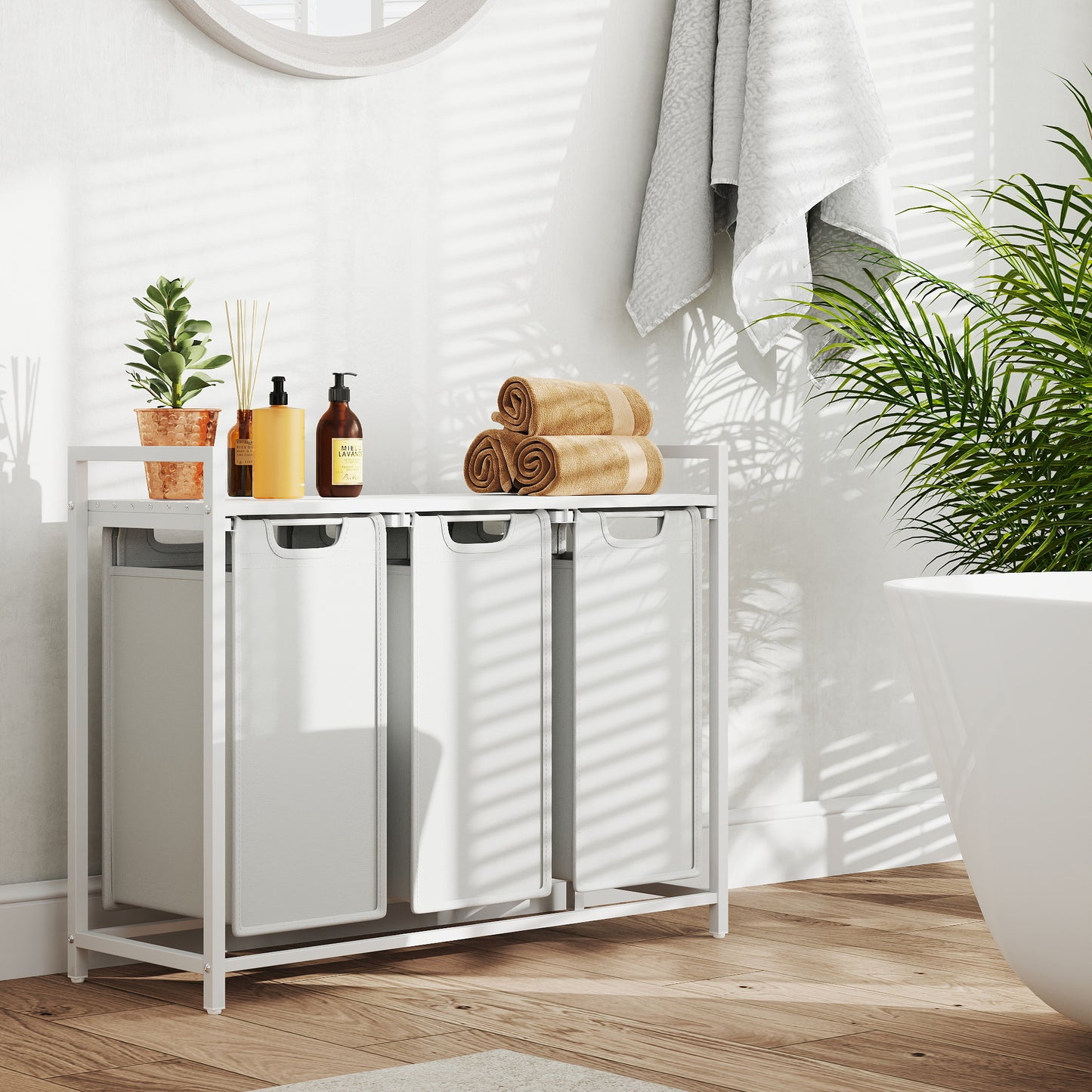 3-Compartment Laundry Sorter with Shelf, 31.7 Gallon Capacity, Removable Bags & Steel Frame, Cream White and Cloud White