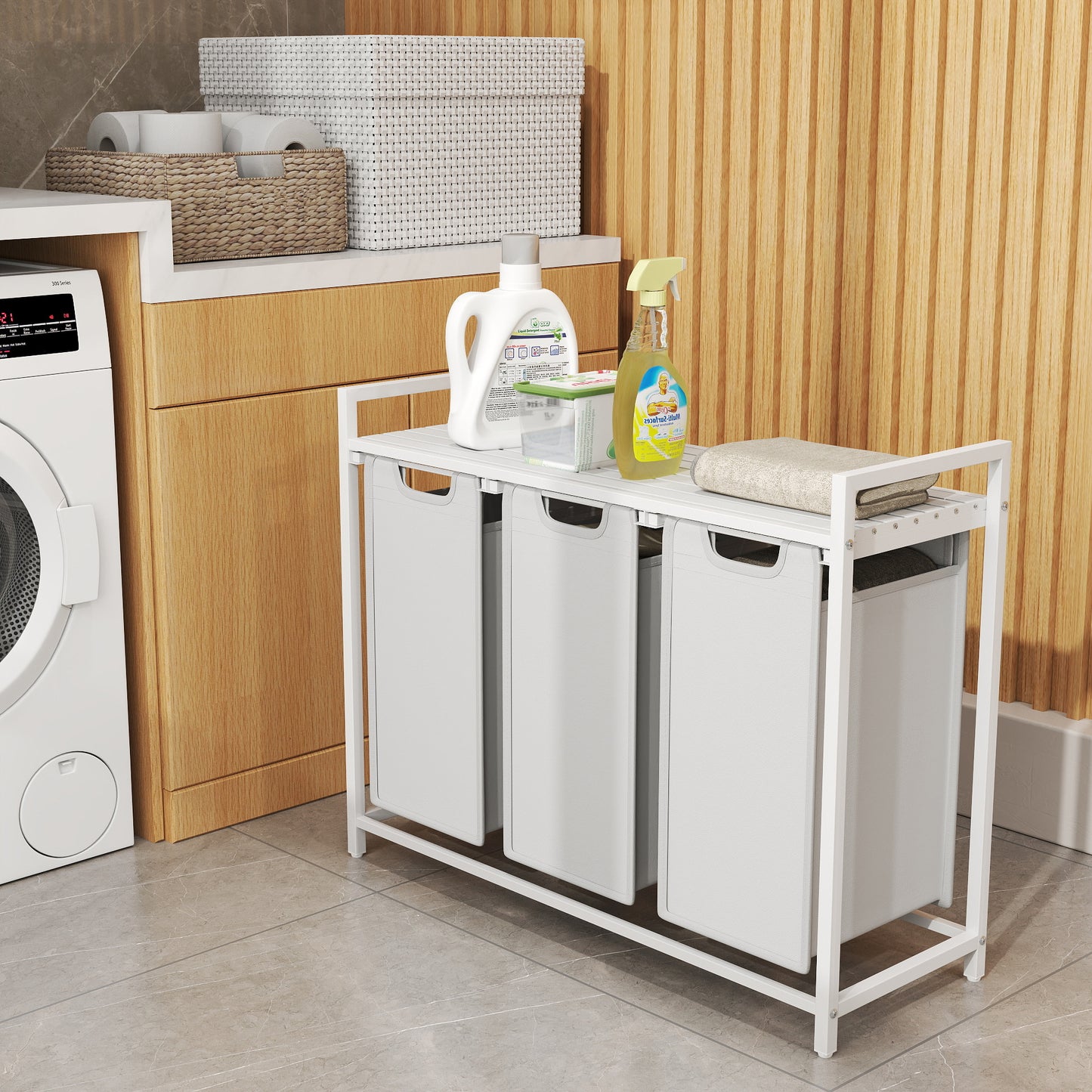 3-Compartment Laundry Sorter with Shelf, 31.7 Gallon Capacity, Removable Bags & Steel Frame, Cream White and Cloud White