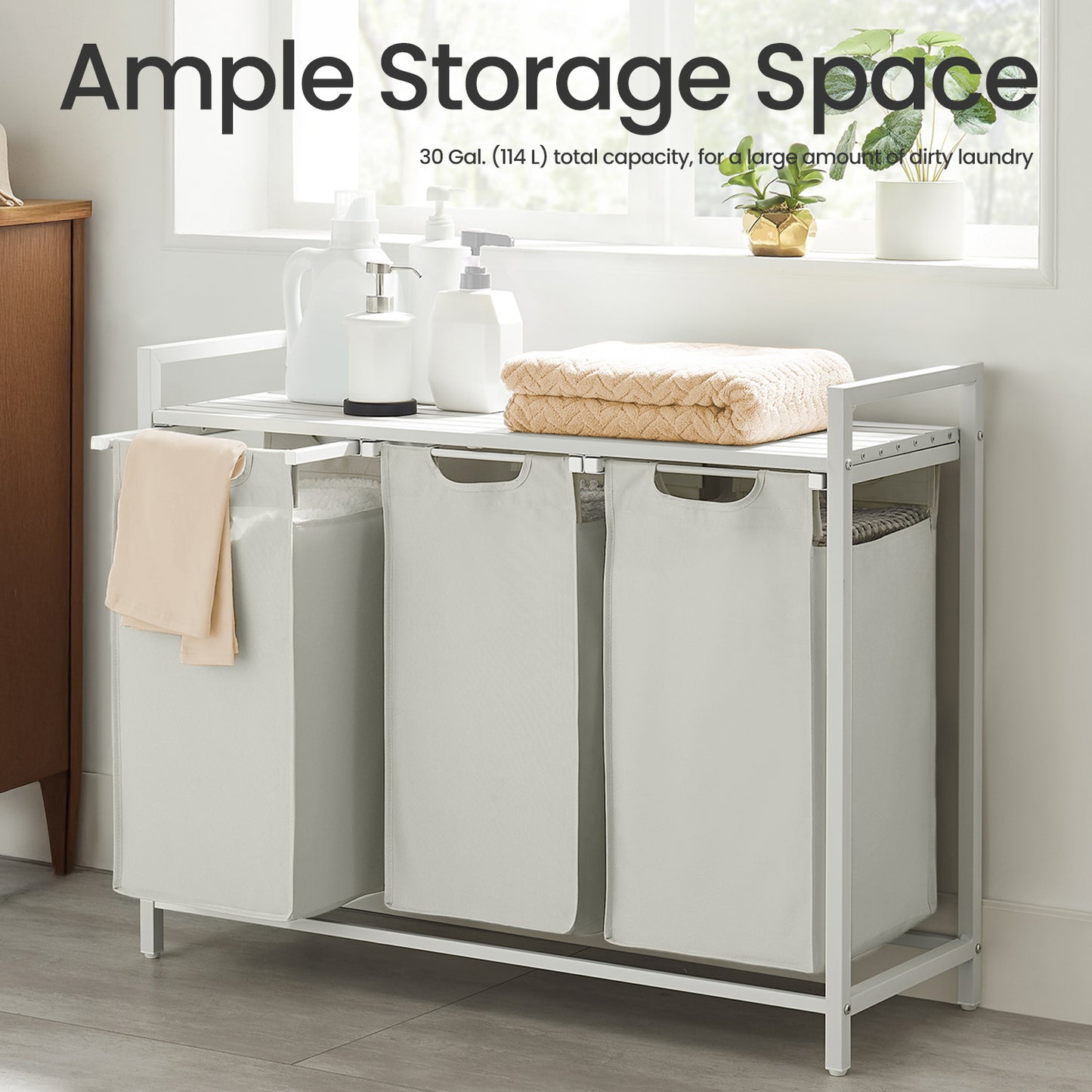 3-Compartment Laundry Sorter with Shelf, 31.7 Gallon Capacity, Removable Bags & Steel Frame, Cream White and Cloud White