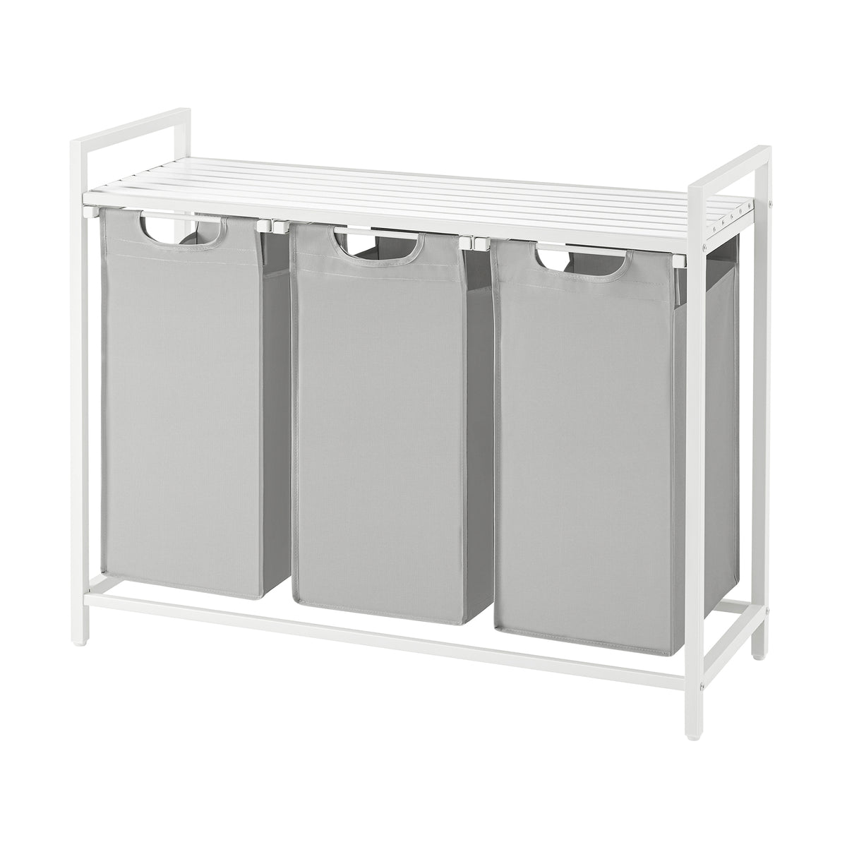 LEDREM 3-Compartment Laundry Basket with Pull-Out and Removable Liner Bags, Clothes Sorter with Shelf and Metal Frame, Dove Gray and Cloud White