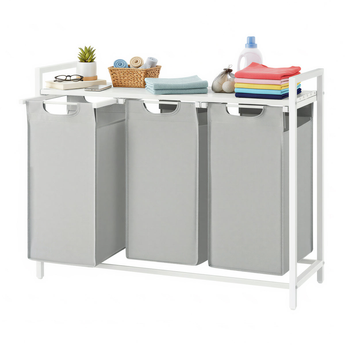 LEDREM 3-Compartment Laundry Basket with Pull-Out and Removable Liner Bags, Clothes Sorter with Shelf and Metal Frame, Dove Gray and Cloud White