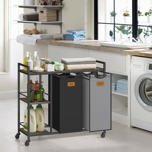 2-Compartment Rolling Laundry Sorter, 26.4 Gallon Capacity with Shelves & Labels, Mobile Storage Cart, Chestnut Brown, Ink Black and Dove Gray