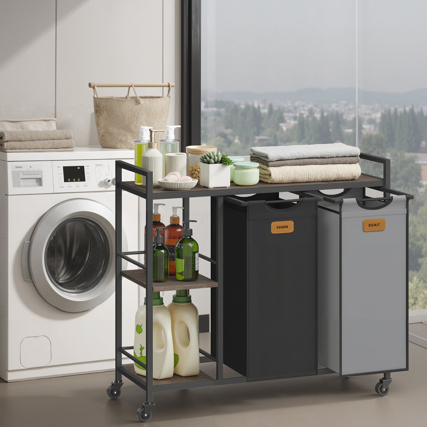 2-Compartment Rolling Laundry Sorter, 26.4 Gallon Capacity with Shelves & Labels, Mobile Storage Cart, Chestnut Brown, Ink Black and Dove Gray