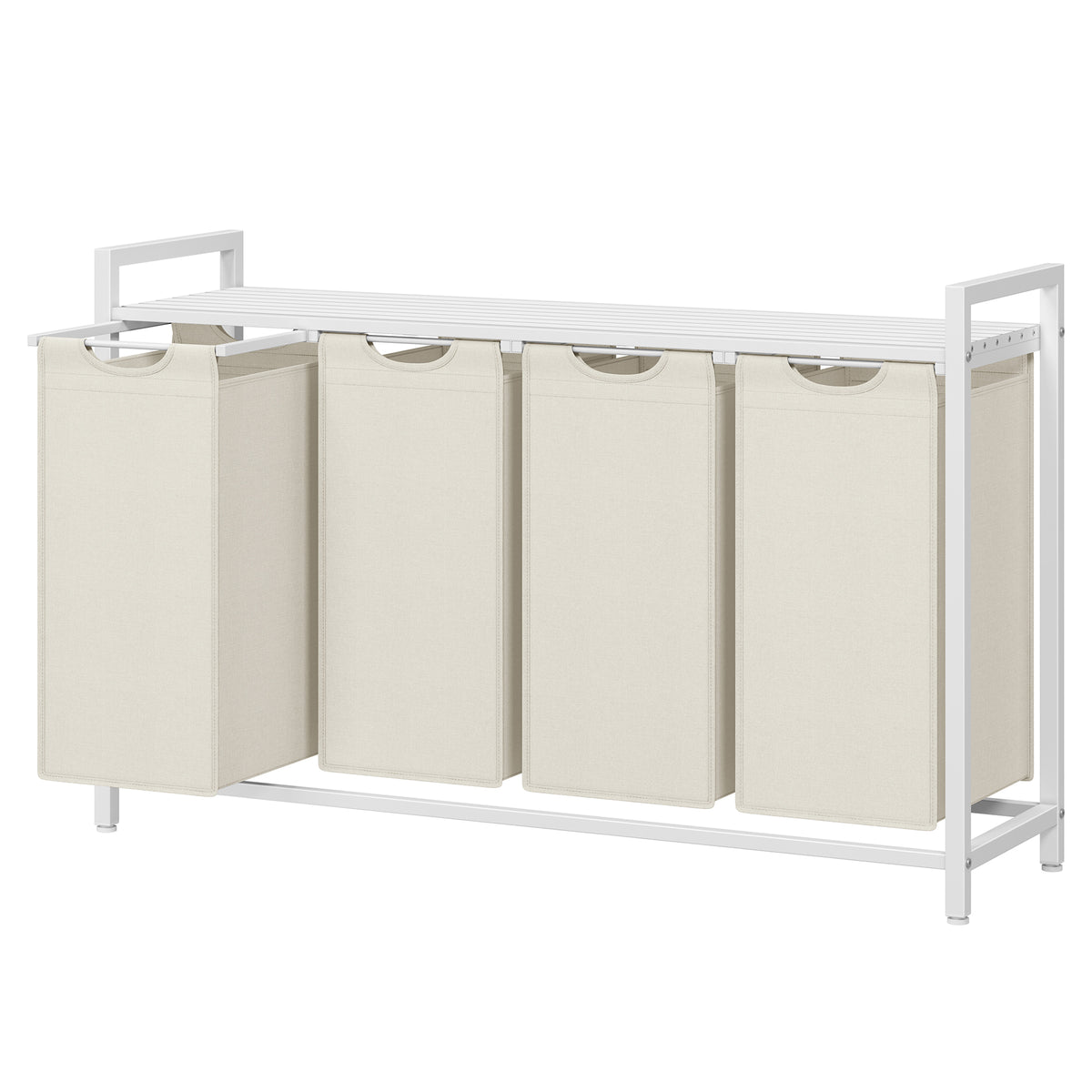 LEDREM 4-Section Clothes Sorter with Removable Liner Bags, Laundry Hamper, Metal Shelf for Bedroom, White